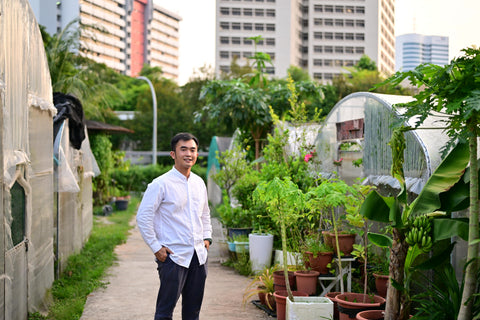 City Sprouts co-founder Zac Toh standing among the greenhouses in the farm.