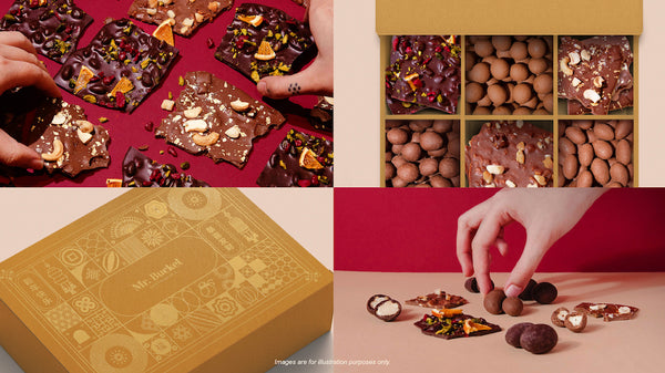 Product images of Singapore-based chocolaterie Mr Bucket's Golden Prosperity box, including images of bonbons and chocolate bark.