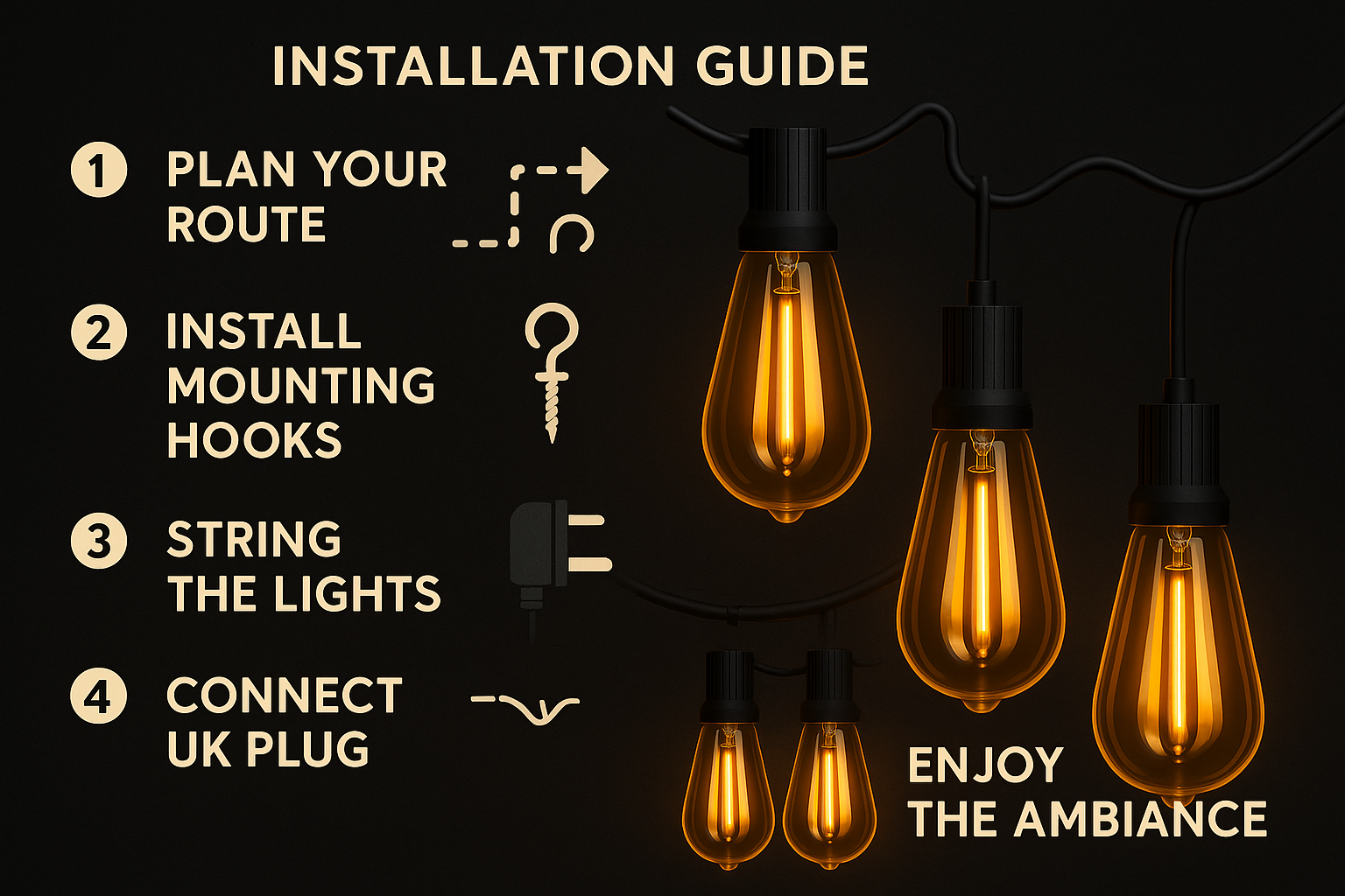 Black cable LED festoon lights along garden wall