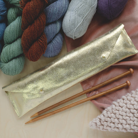 Long Knitting Needle Case for traditional straight knitting needles, in Gold Leather.