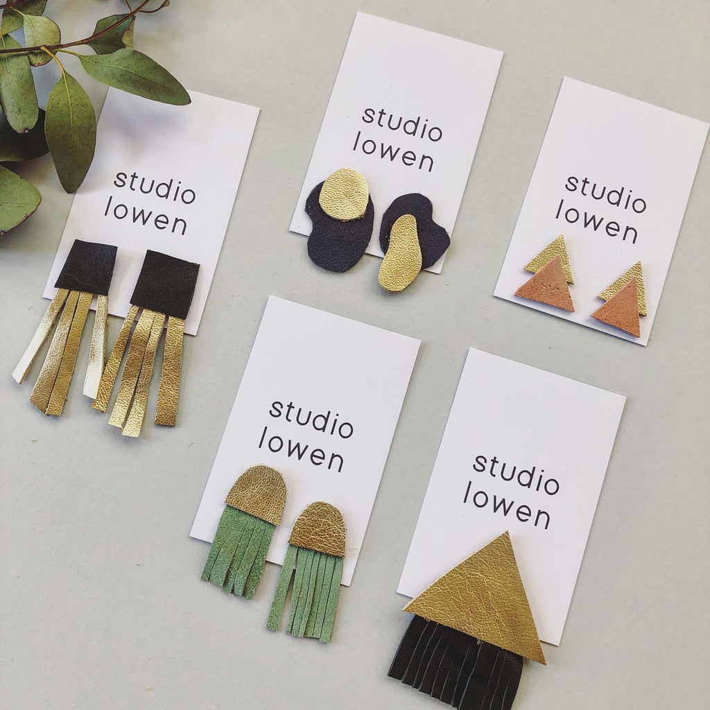 Studio Lowen earrings made with recycled leather and suede