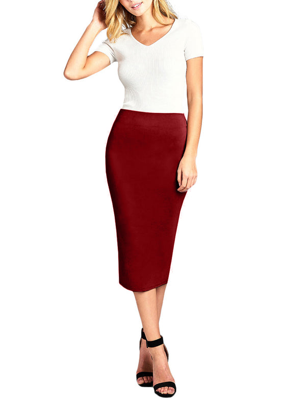 HIGH WAIST STRETCHY BODYCON PONTE NYLON RAYON MIDI SKIRTS - NE PEOPLE