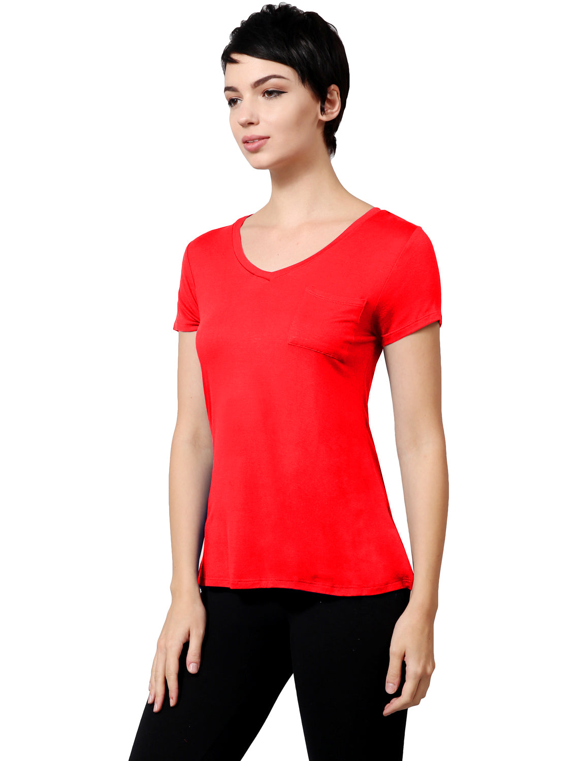 Womens Light V-Neck Basic Short Sleeve Shirt Top with Pocket