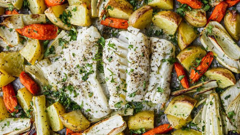 Wild Rock Cod Sheet Pan Dinner with Vegetables Recipe