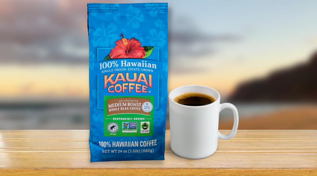 Kauai Coffee Whole Bean Medium Roast Coffee Bag with a tropical background