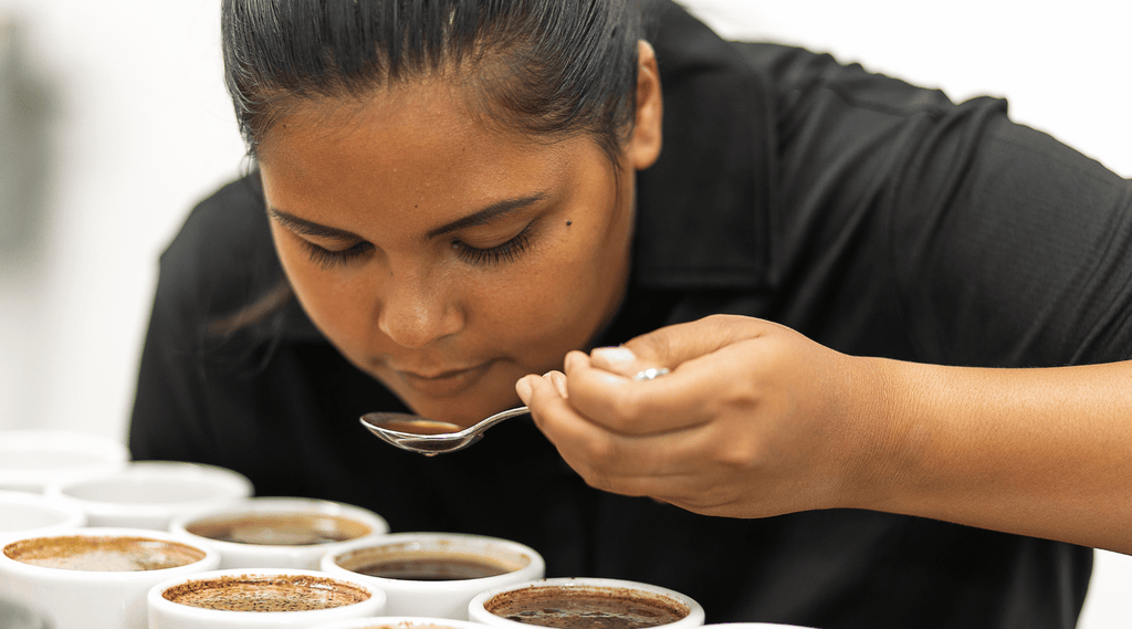 kauai coffee employee conducts cupping session to taste coffee