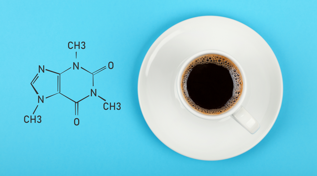 A caffeine molecule diagram sits on top of a blue background with a white mug full of coffee. 