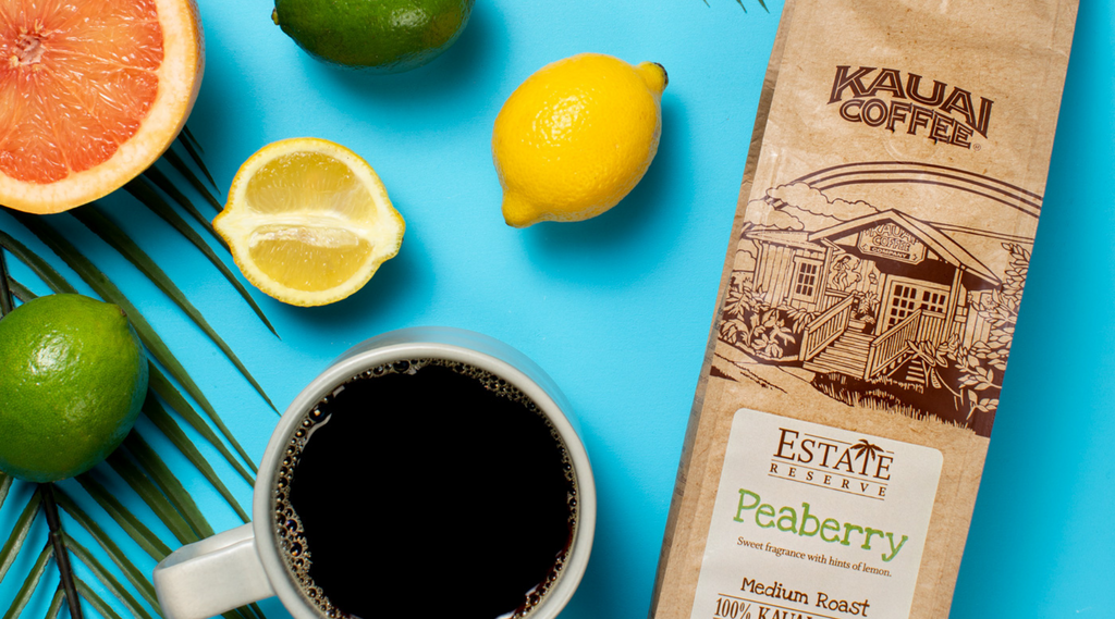 a bag of peaberry coffee and a cup of brewed coffeelays on a bright blue surface. It is surrounded by citrus fruit