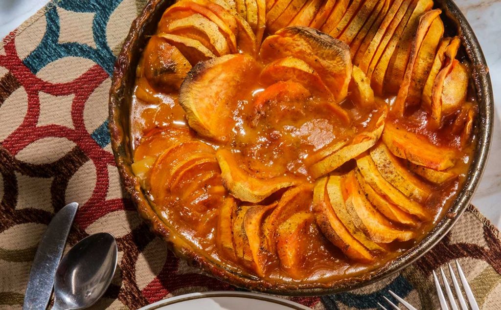 Kauai Coffee candied sweet potatoes in a circular dish