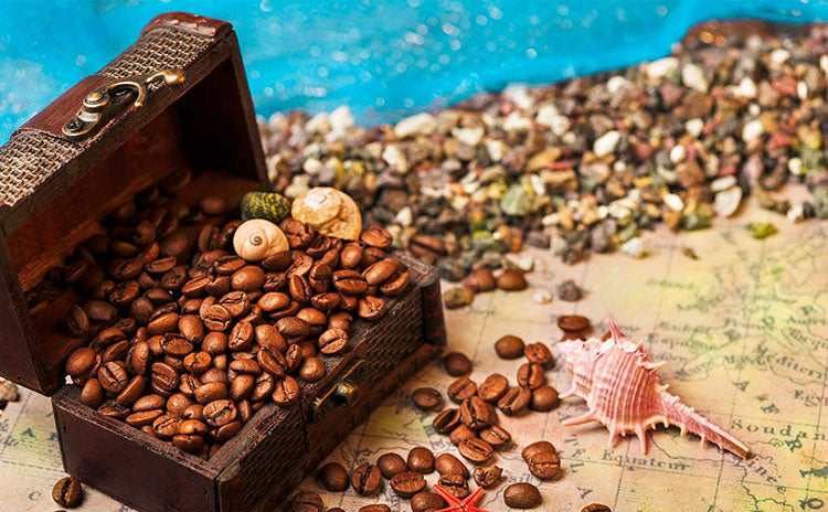treasure chest with coffee beans spilling out