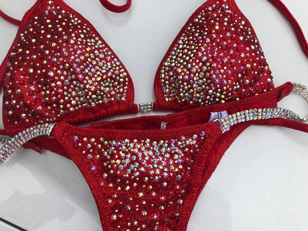 Red bikini competition suit Beaded Rhinestone stunning AB and red crys ...