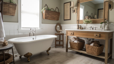 A large bathroom with a freestanding bath and neutral decor. There is a freestanding cabinet with a sink and a large mirror above it. Wicker baskets hang on the walls and are placed underneath the sink cabinet for storage. 