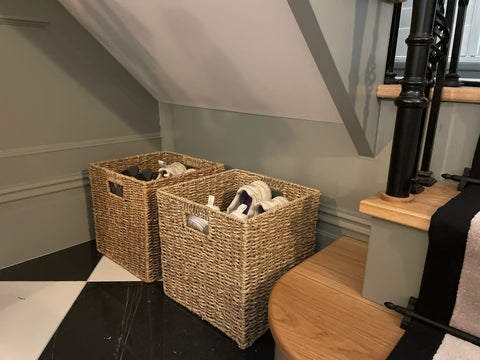 Set of 2 Square Seagrass Storage Baskets  styled underneath a staircase 