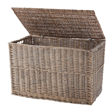 A large grey wash wicker hamper with a hinged lid on a white background. The lid is open. 