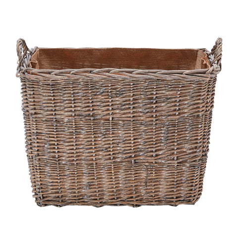 Wicker Grey Wash Rectangular Log Basket with Hoop Handles