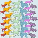 Rainbow dogs repeat pattern design featuring pug, spaniel, dachshund, setter, afghan, greetings houng and sheltie 