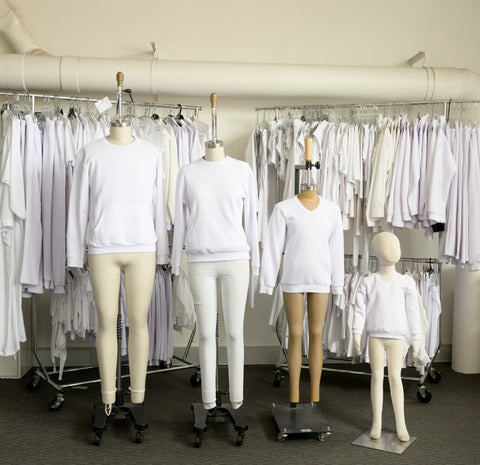 A range of garments on mannequins