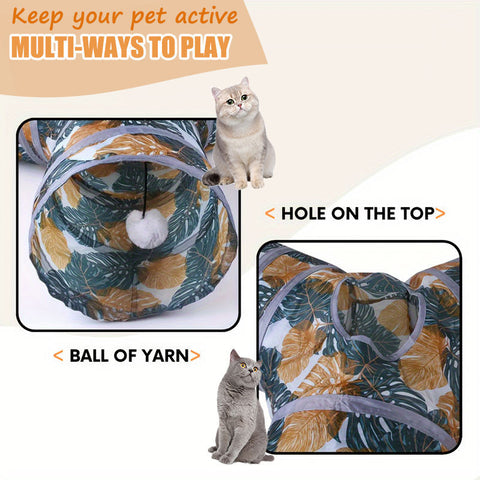 Aiitle Printed Leaves Foldable Cat Tunnel