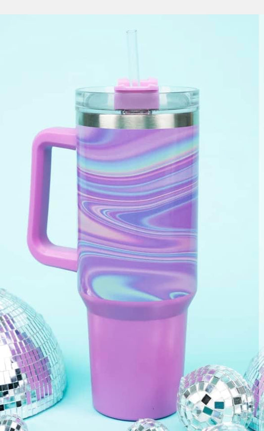 Zenbo 40 oz Tumbler With Handle, Screw on Lid and 40oz, Glitter Green Pink