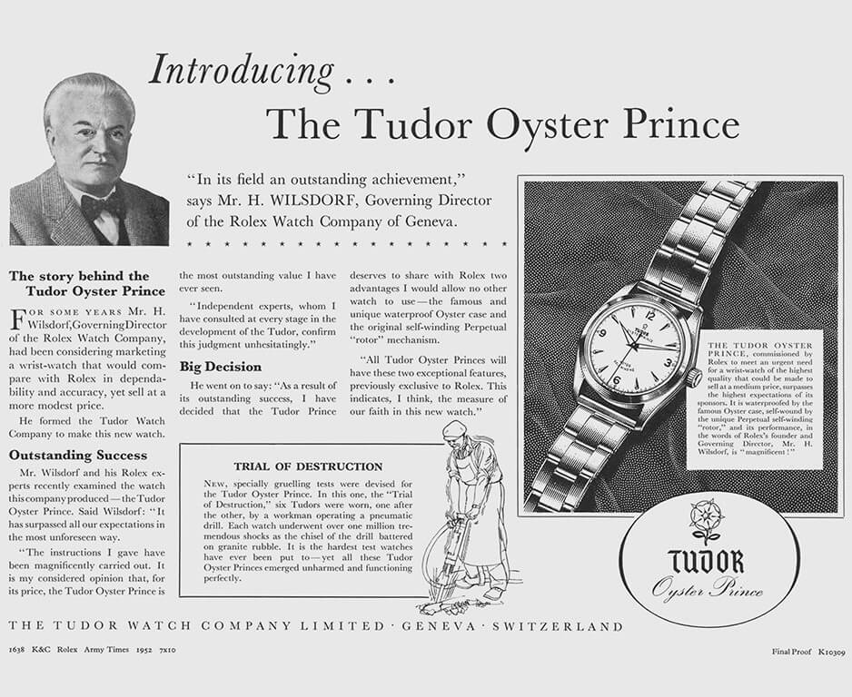 A poster featuring Hans Wilsdorf on the front to promote the robustness of the Tudor Oyster Prince