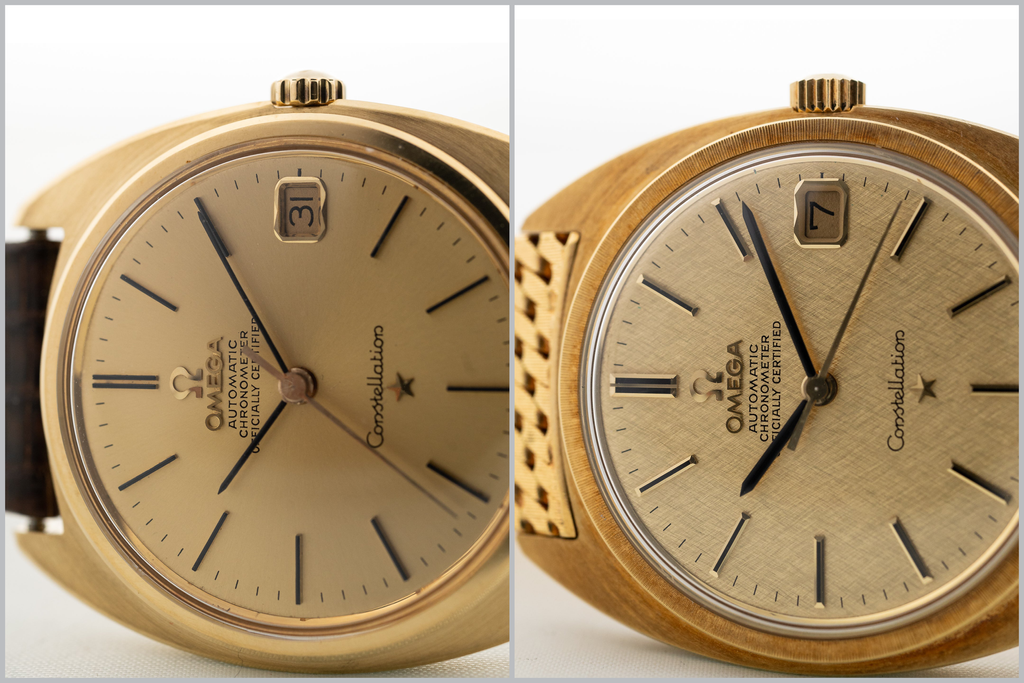 There are subtle differences between the early 168.009 (1966, left) and the later 168.017 (1970, right). First, the hands and hour markers are slimmer on the earlier reference. Second, the 168.017 (right) features a “sanguilloché” finished bezel, which sits somewhere between a classic flat and fluted bezel. Third, the crown is less pronounced on the later model, with more grooves. Fourth, some C-shaped Constellations feature a “frosted” gold dial finish (right). However, such dial variations can be found in all eras of the C-shape. Interestingly, all Constellation date models of the time (including the pie-dish versions) featured the same beveled date window.