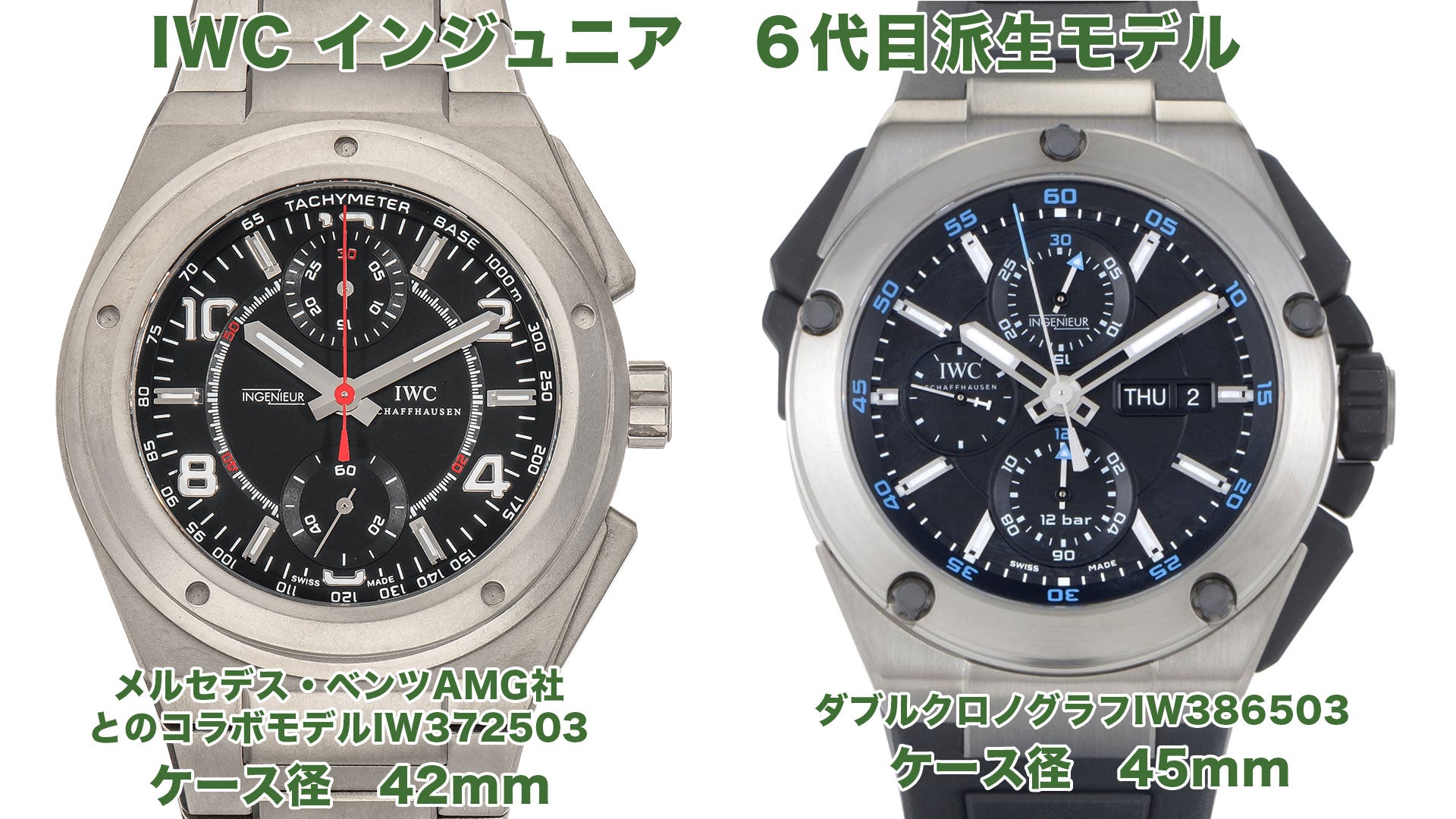 IWC Ingenieur 6th generation derivative model, collaboration with Mercedes Benz IW372503 and double chronograph IW386503