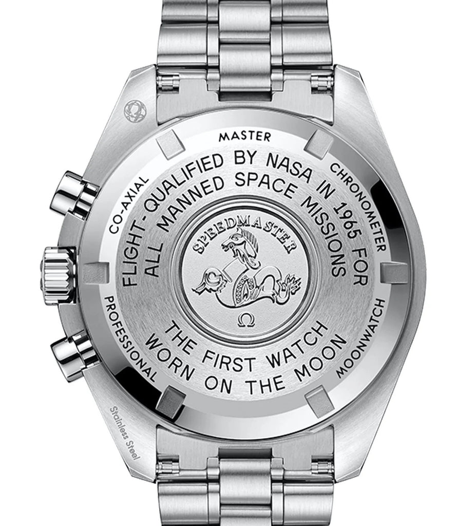 The engraving on the back of the Omega Speedmaster reads "THE FIRST WATCH WORN ON THE MOON" along with "FLIGHT-QUALIFIED BY NASA FOR ALL MANNED SPACE MISSIONS".