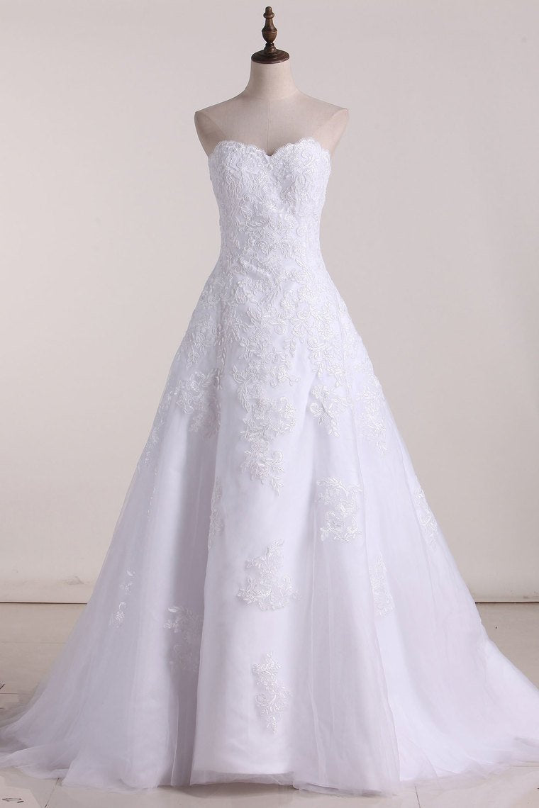 2022 Strapless Wedding Dresses A Line Tulle With Applique Court Train
