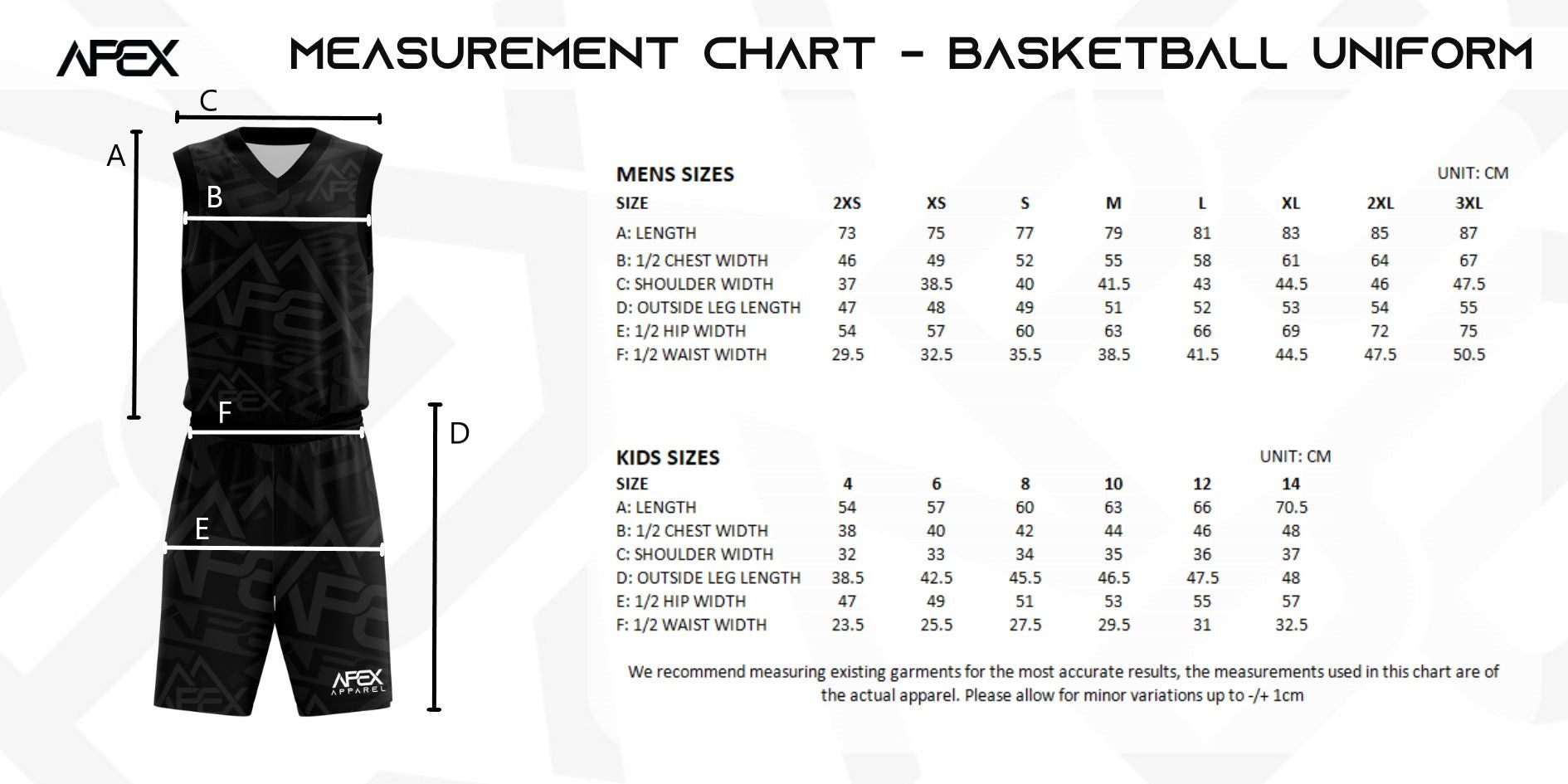 Custom Basketball Uniform Size Chart
