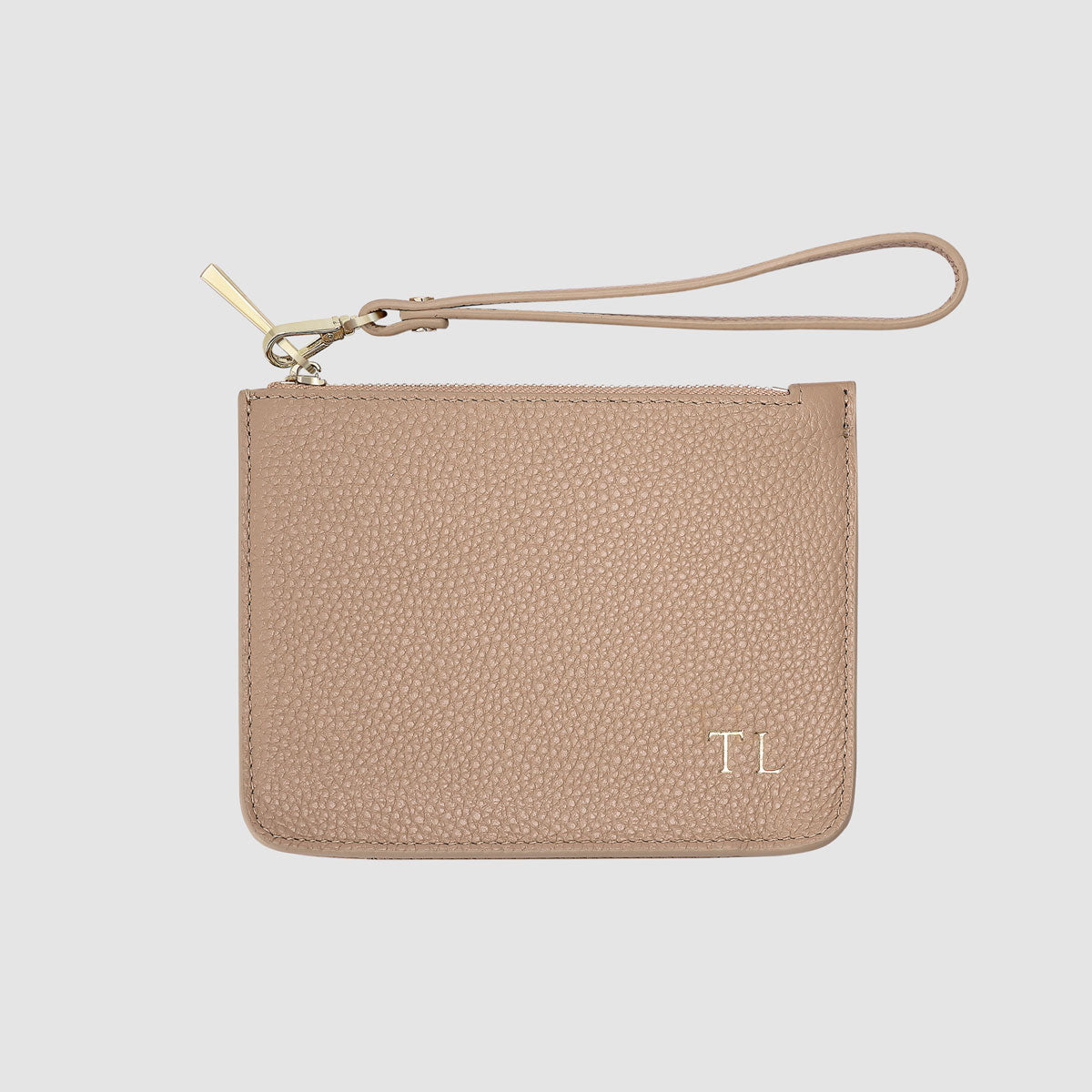 Mini Taupe Pebbled Leather Structured Pouch with Detachable Wrist Strap_2
