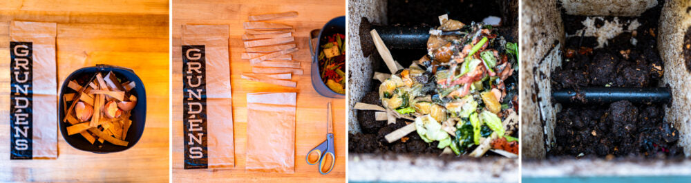 Grundéns compostable bags shown in compost