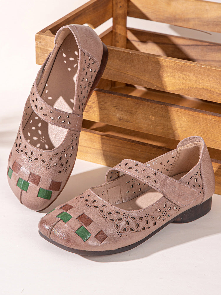 Socofy Genuine Leather Handmade Woven Retro Ethnic Soft Comfy Breathable Hollow Mary Jane Shoes