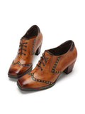 Socofy Genuine Leather Comfy Lace-up Retro Square Toe Oxfords Heels
