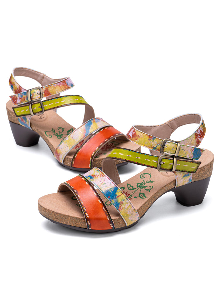 Socofy Genuine Leather Casual Bohemian Ethnic Floral Print Colorblock Comfy Heeled Sandals