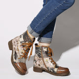 SOCOFY Retro Genuine Leather Newspaper Pattern Lace Up Zipper Flat Ankle Boots