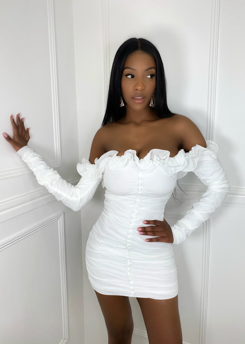 white frill bardot dress