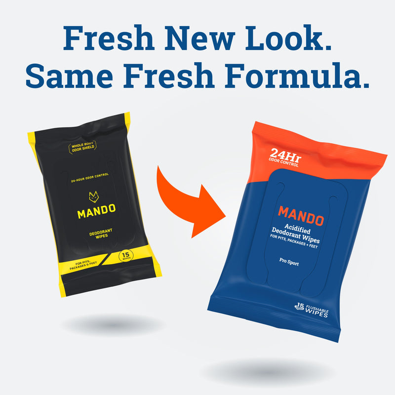 Mando deodorant wipes packaging update, showing a transition from black and yellow to blue and orange design.