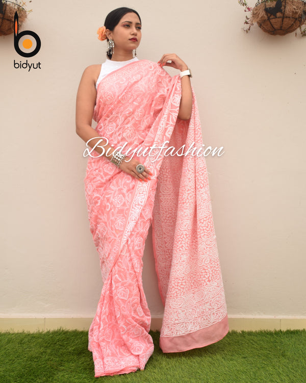 Baby Pink Lucknowi Chikankari Weaving Silk Saree