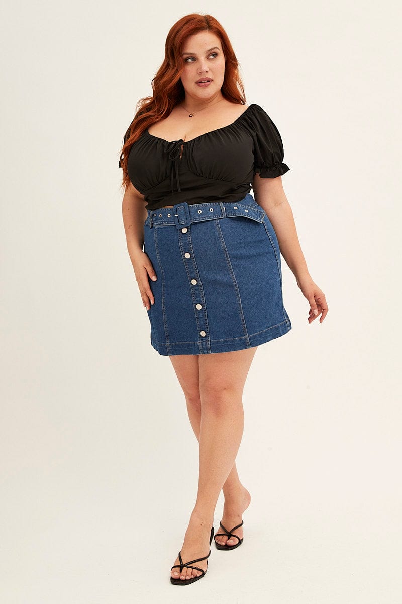 For Big Trend Women's Plus Size Front Slit Cut Out Detail 5 Pocket Cotton  Midi Length High Waist Denim Skirt - Trendyol
