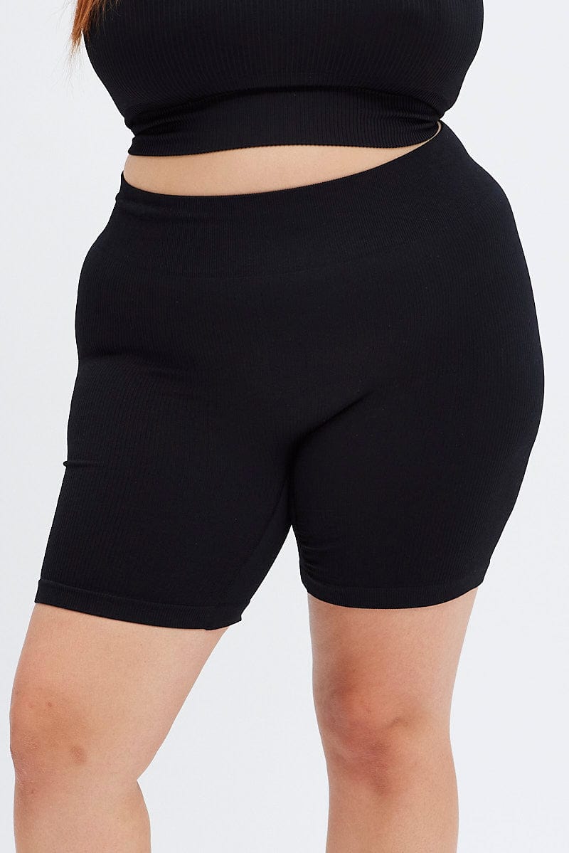 Plus Black Ribbed Biker Shorts