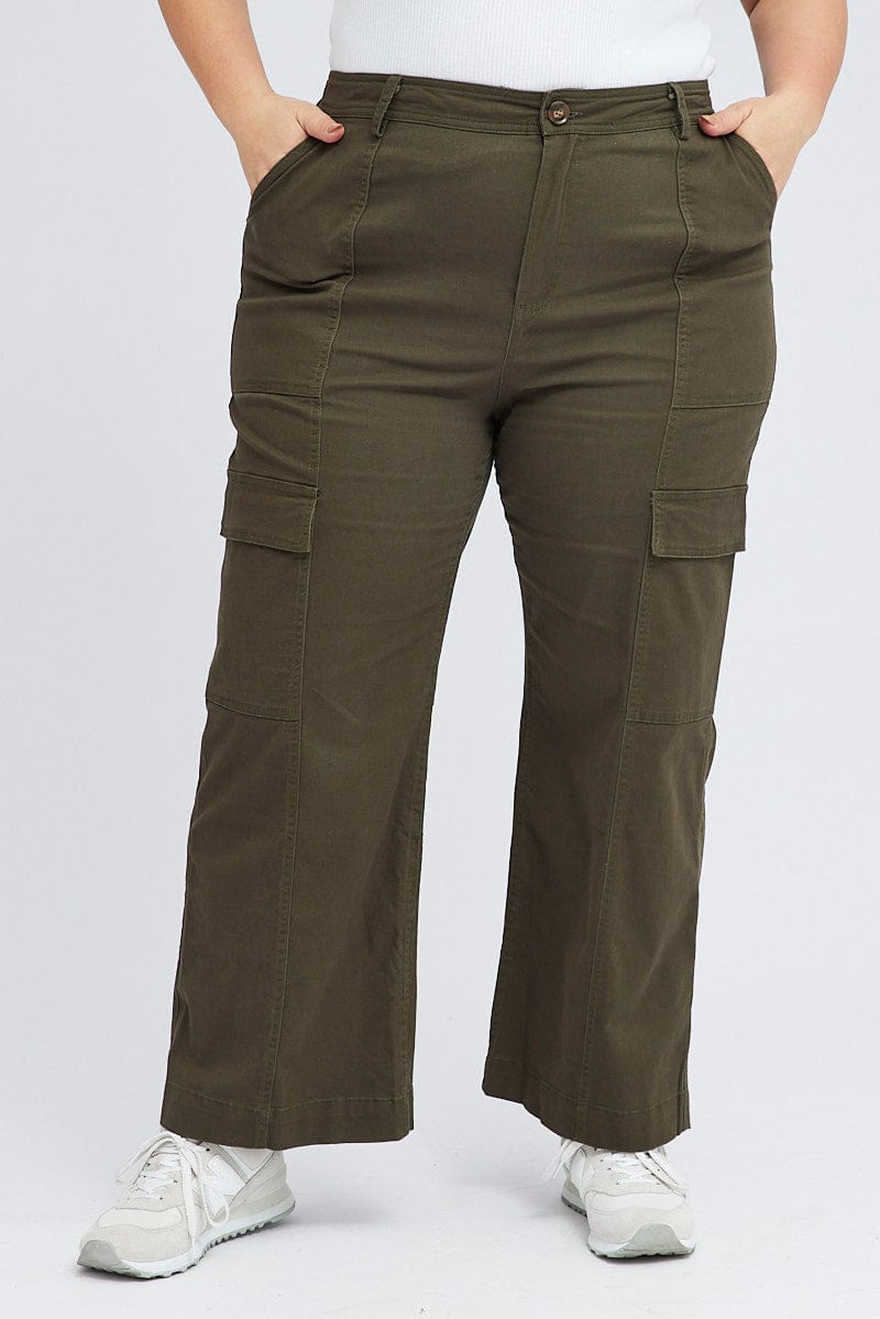 Khaki Cargo Pocket Low Rise Straight Leg Pants