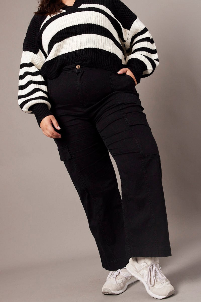 Women Casual High Waisted Cargo Pants Wide Leg Casual Denim Trousers Multi  Pocket Cargo Jeans Black XXL 