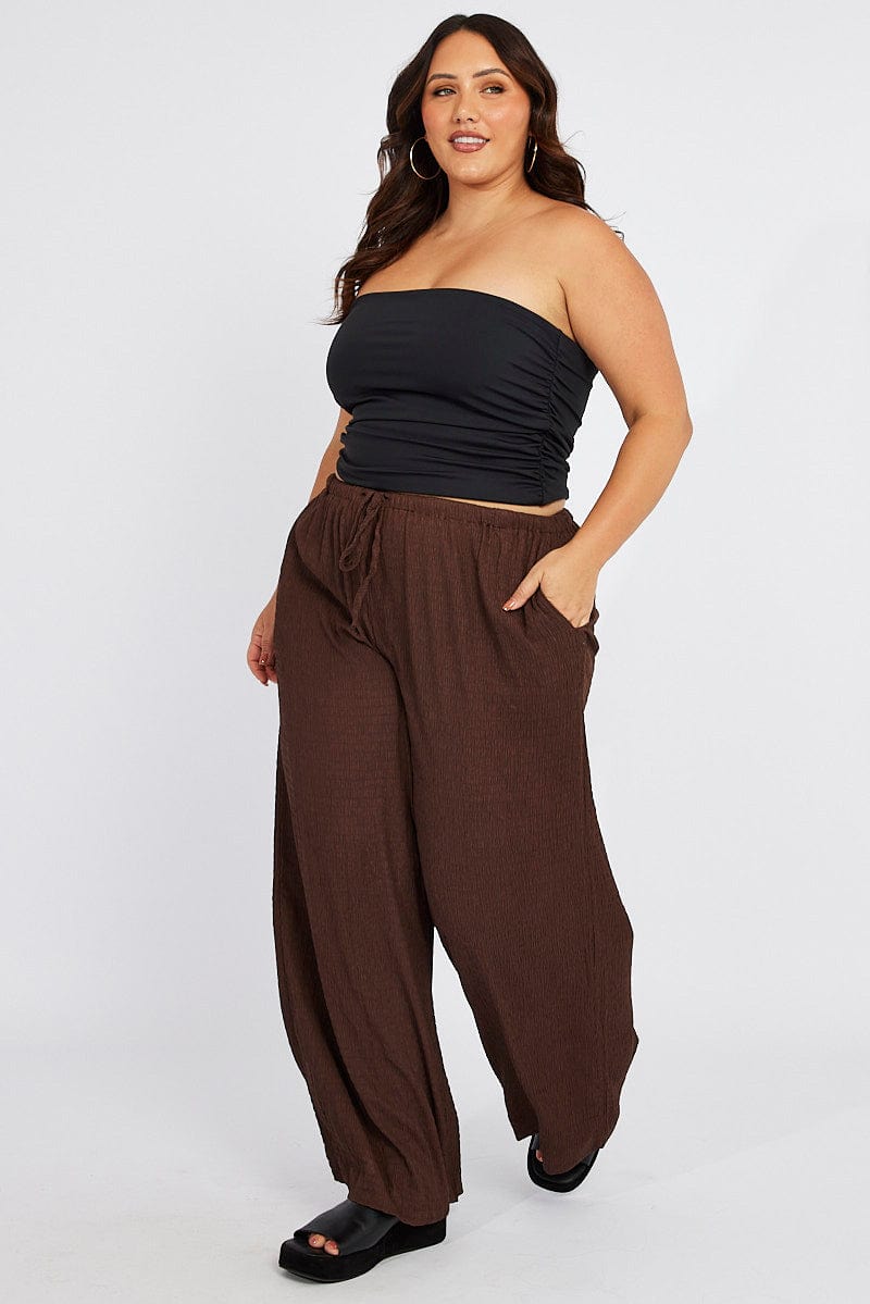 Dark Coffee Brown Palazzo Pants with Smocked Waist | Brown | Split-Skirts- Pants, Vacation