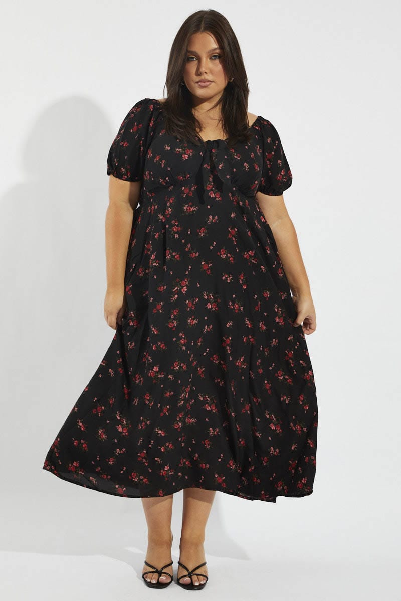 Plus Woven Floral Puff Sleeve Midi Dress