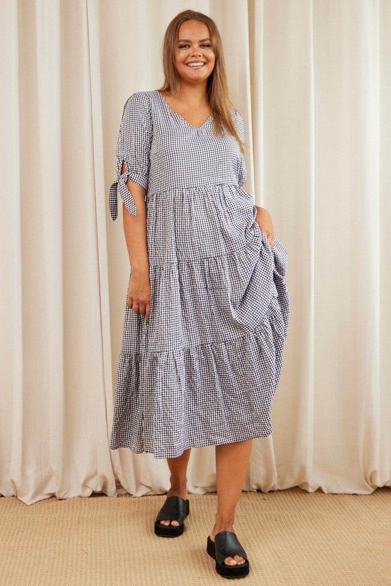 Influence puff sleeve tiered midi dress in pink gingham