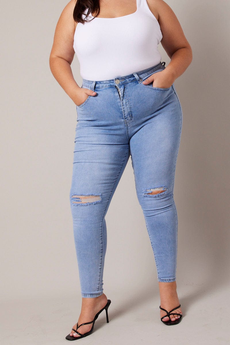 Buy Women High Waist Skinny Stretch Ripped Jeans Cropped Knee Destroyed Denim  Pants at