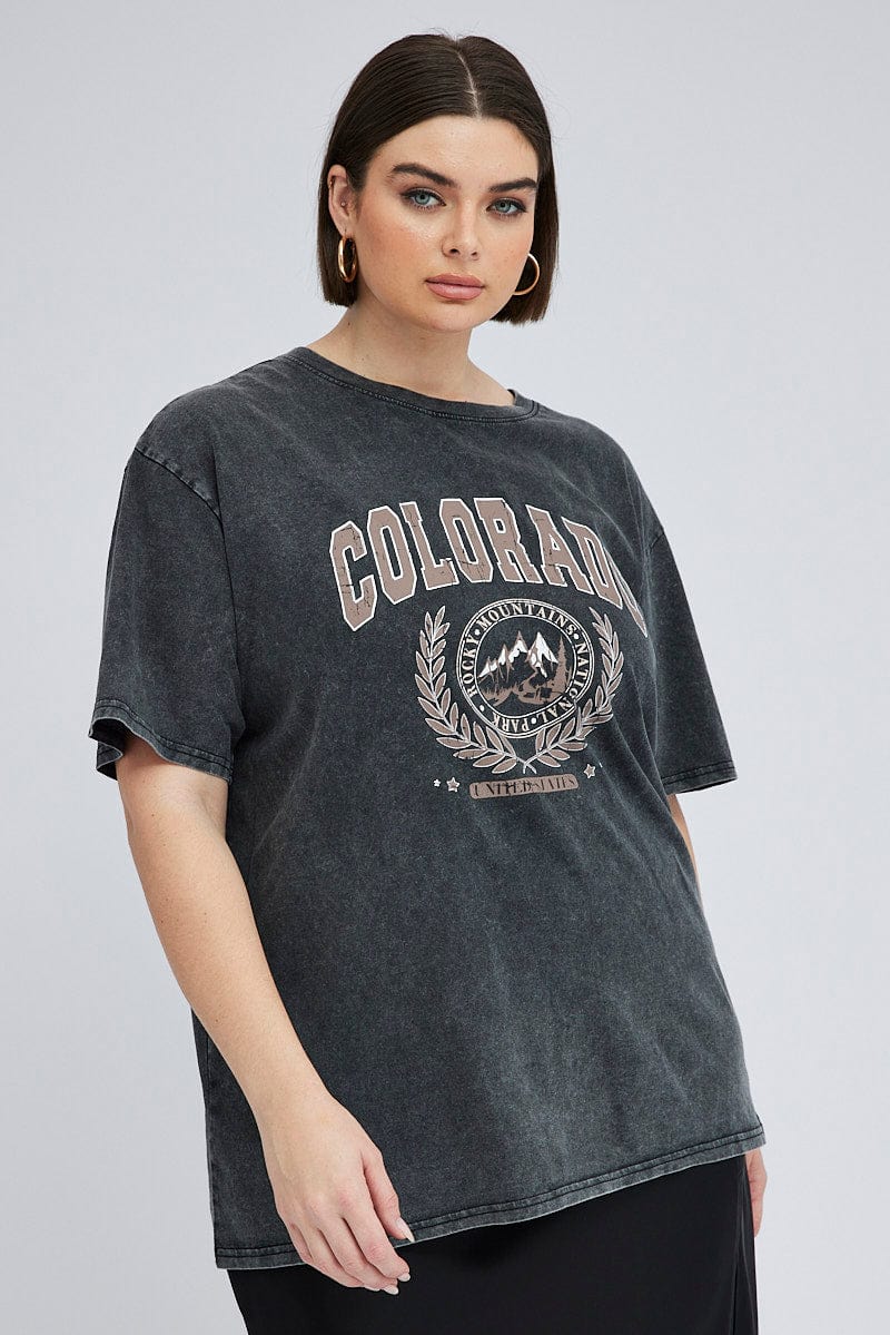 V Neck 'Colorado' Graphic Print Side Split Detail Oversized T-Shirt Dress  In Charcoal Acid Wash