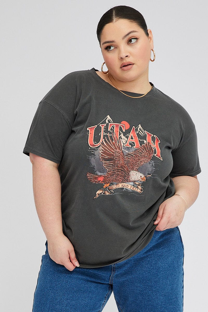Plus Size Contrast Letter Graphic Oversized Tee In BLACK
