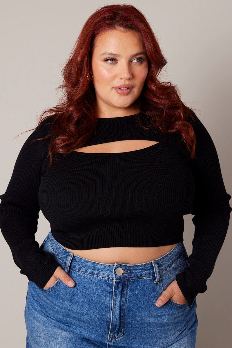 Black Cut Out Front Rib Knit Long Sleeve Crop Top