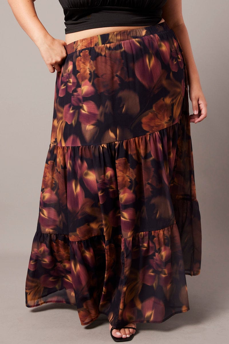 Shirred Waist Gypsy Style Ruffled Patterned Midi Skirt